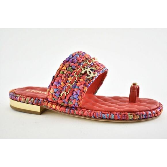 Chanel 20S Red Blue Purple Raffia Tweed CC Logo Mule Slide Strap Flat Sandal 36 - Picture 3 of 12
